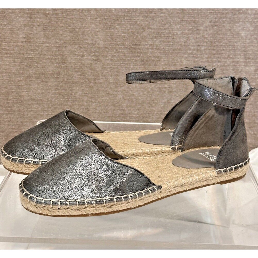 Eileen Fisher Lala Espadrilles Shoes Soft Pewter Metallic Flats US 8.5 EUC - Picture 1 of 16